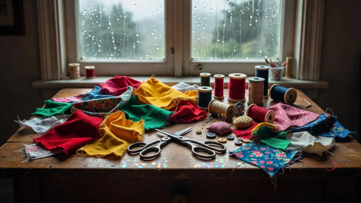 Projets créatifs en tissu posés sur une table en bois : scrunchie, bob, pochette colorée et guirlande en chutes de tissu