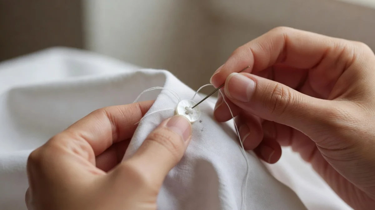 Mains tenant une aiguille et du fil pour coudre un bouton sur un tissu