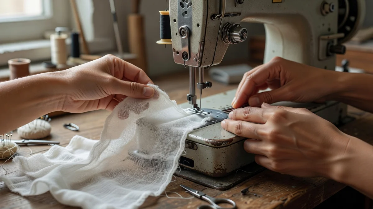 Couture de la gaze de coton sur une machine à coudre avec cutter rotatif et tissu soigneusement posé