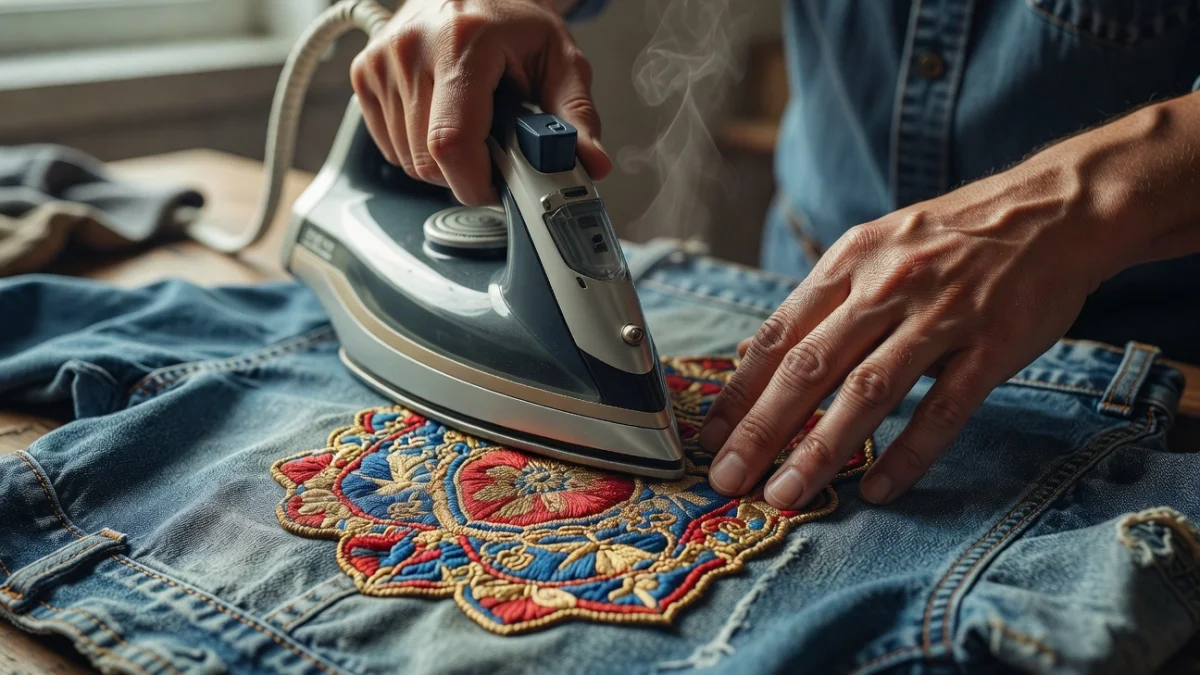 Écusson brodé thermocollant posé sur une veste en jean avec un fer à repasser