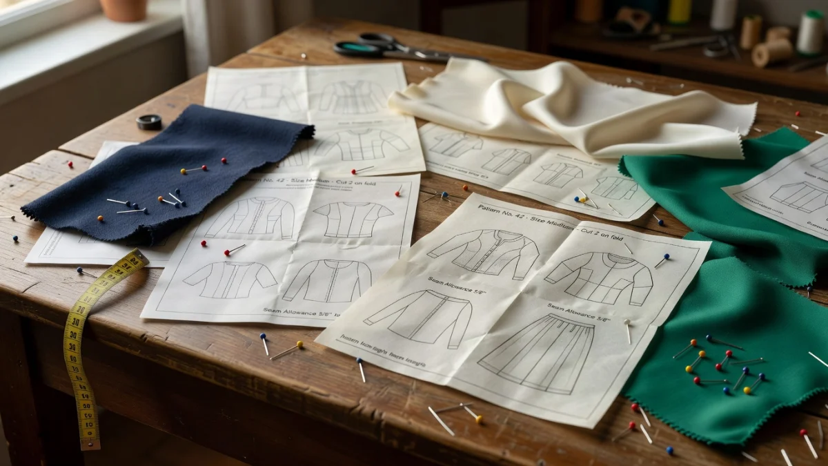 Patrons de couture posés sur une table avec des ciseaux, du fil et un mètre ruban