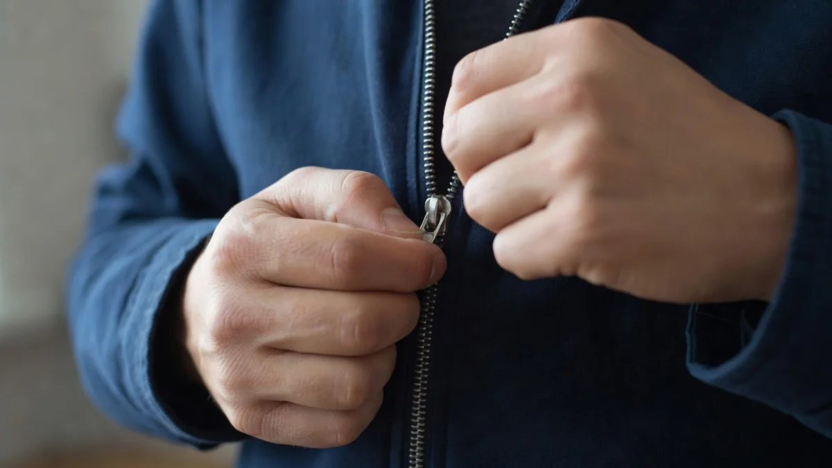 Fermeture éclair coincée sur un vêtement, curseur bloqué à mi-chemin