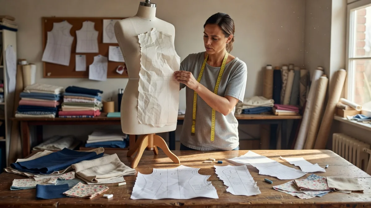 Adapter un patron de couture à sa morphologie : outils, tissu et patron sur une table de travail