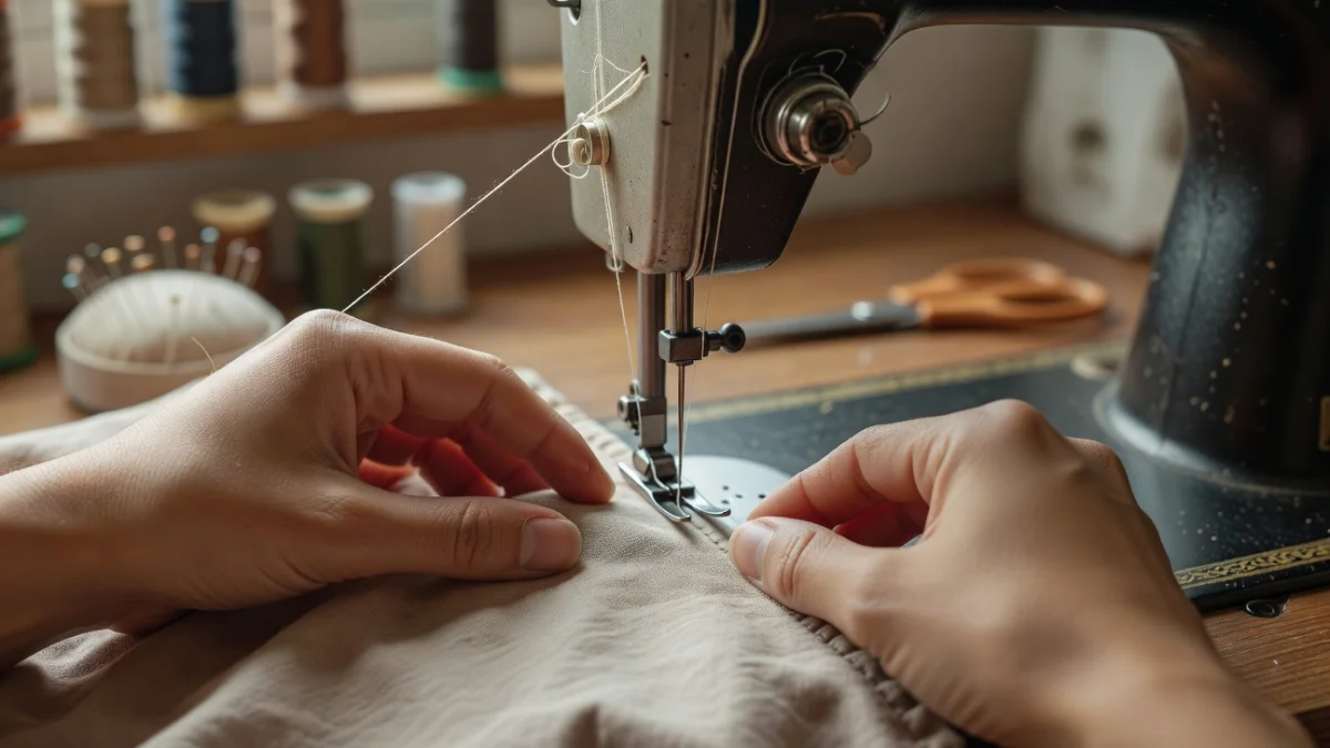 Femme cousant à la machine à coudre, fil et tissu en gros plan
