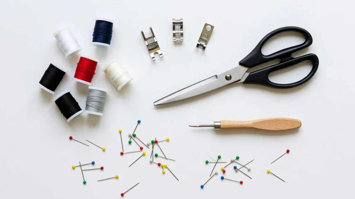 Accessoires machine à coudre pour débutant : canettes, pieds de biche, ciseaux et outils de couture posés sur une table