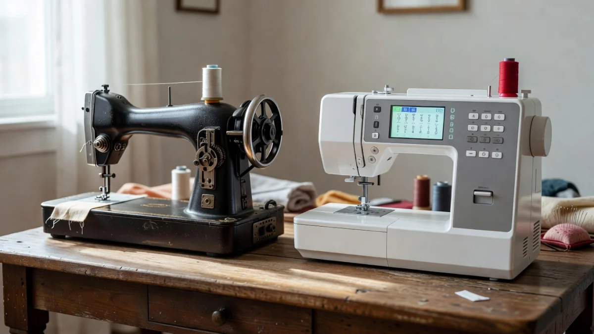 Machine à coudre mécanique et électronique posées côte à côte sur un plan de travail couture