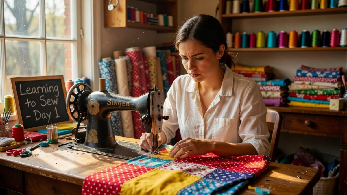 Débutante assise devant une machine à coudre mécanique, apprenant à enfiler le fil et à coudre en ligne droite