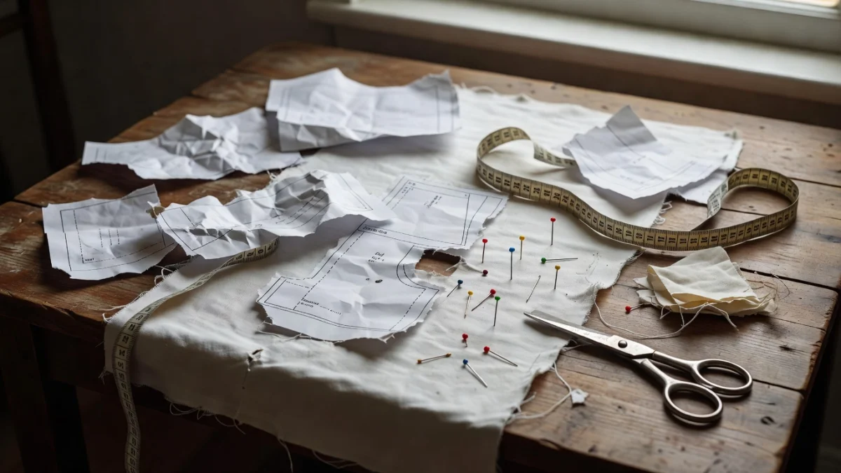Patron de couture posé sur un tissu avec des ciseaux, des épingles et un mètre ruban pour illustrer les erreurs à éviter