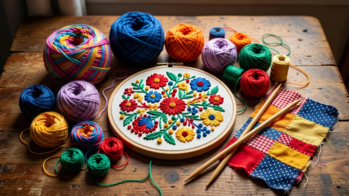 Différents loisirs créatifs textiles : broderie, tricot, couture et punch needle sur une table en bois