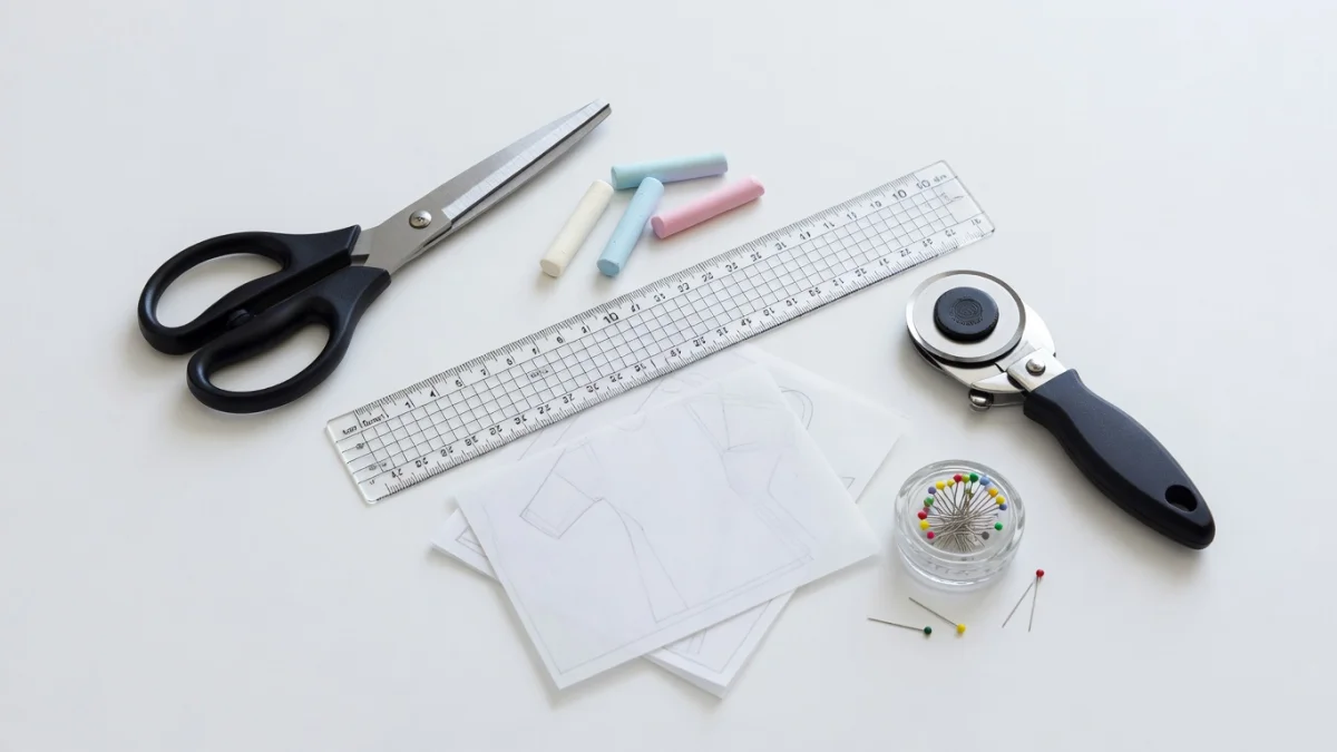 Outils indispensables pour travailler avec un patron de couture : ciseaux, règle, papier calque et craie de tailleur posés sur une table de travail